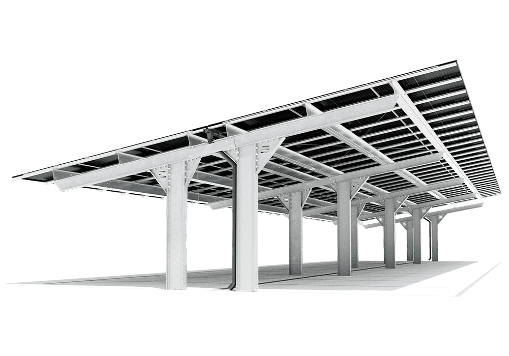 KLY Solar D-Series carport structure — steel frame with PV array