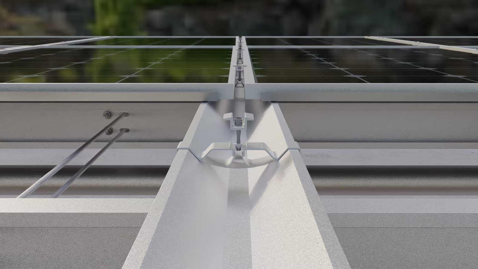 Rooftop mounting rail and clamp detail on a solar module
