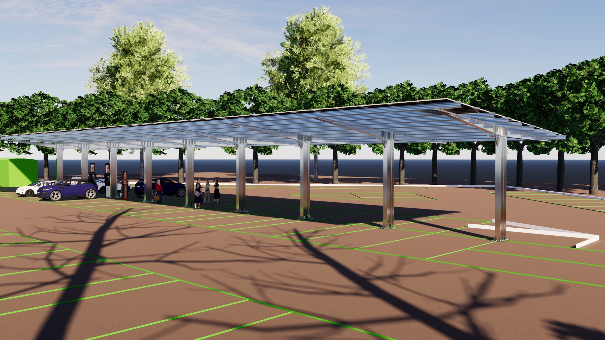 Aerial view of a solar carport installation
