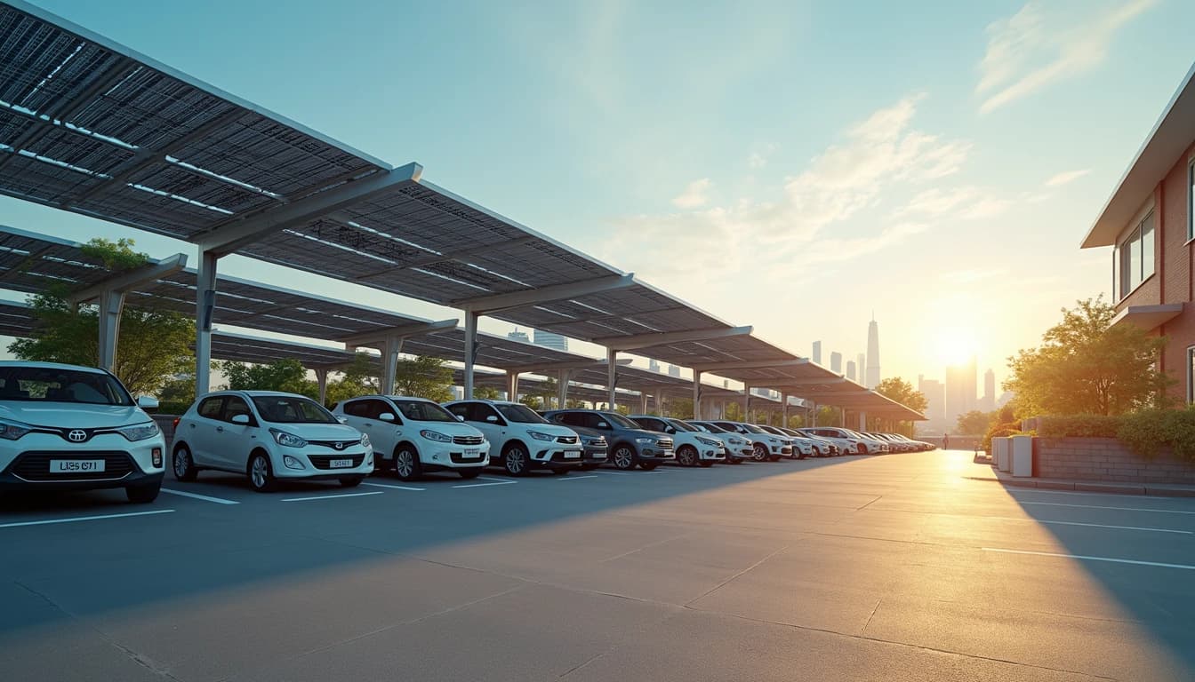 Solar carports over a commercial car park at sunset
