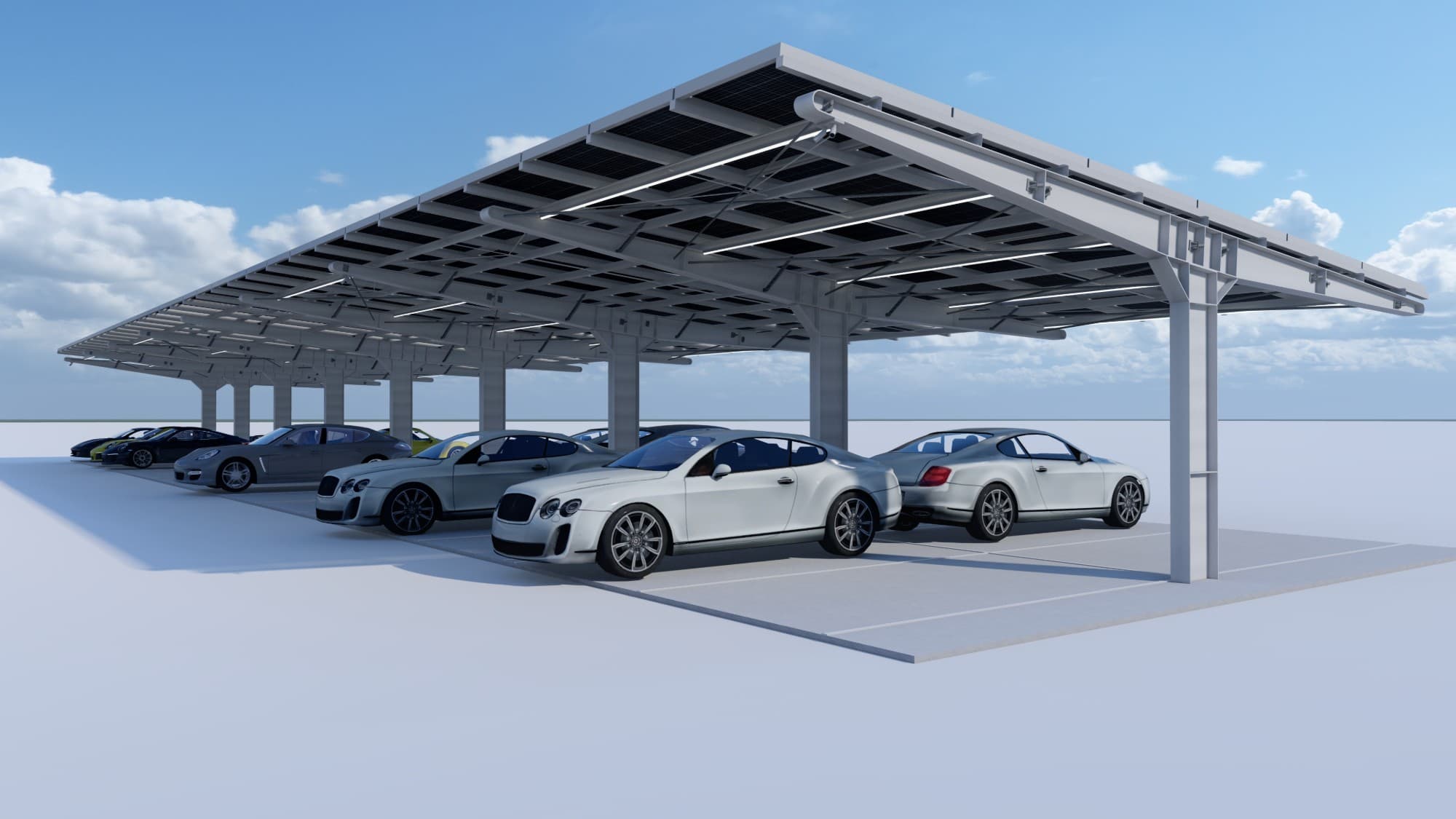 Cantilever solar carport with vehicles parked beneath