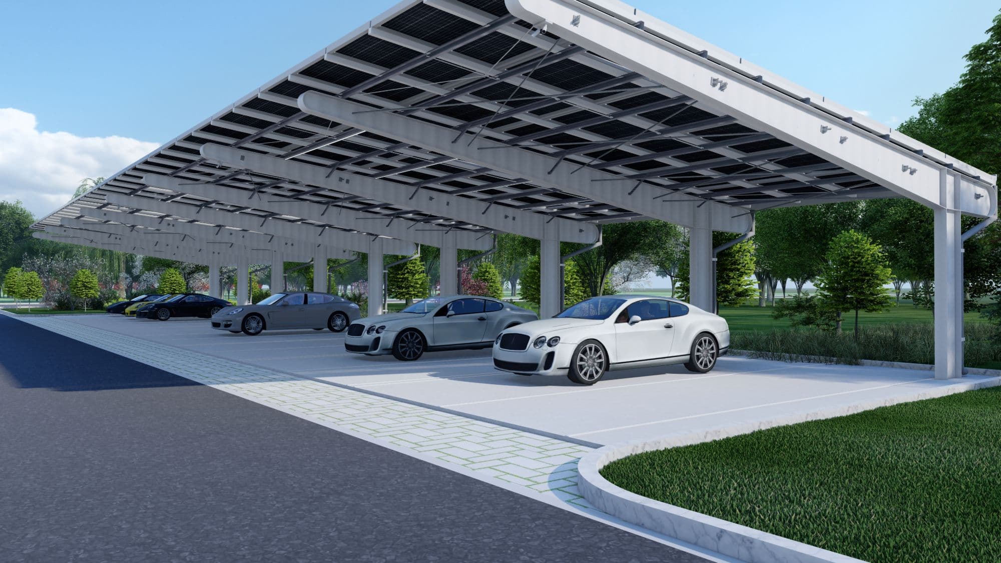 KLY Solar cantilever carport render with vehicles parked beneath